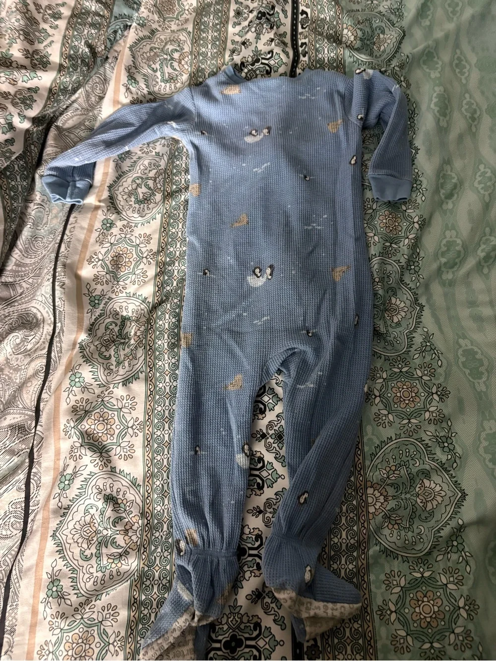 Carter's Light Blue Waffle Knit Penguin Footed Pajamas